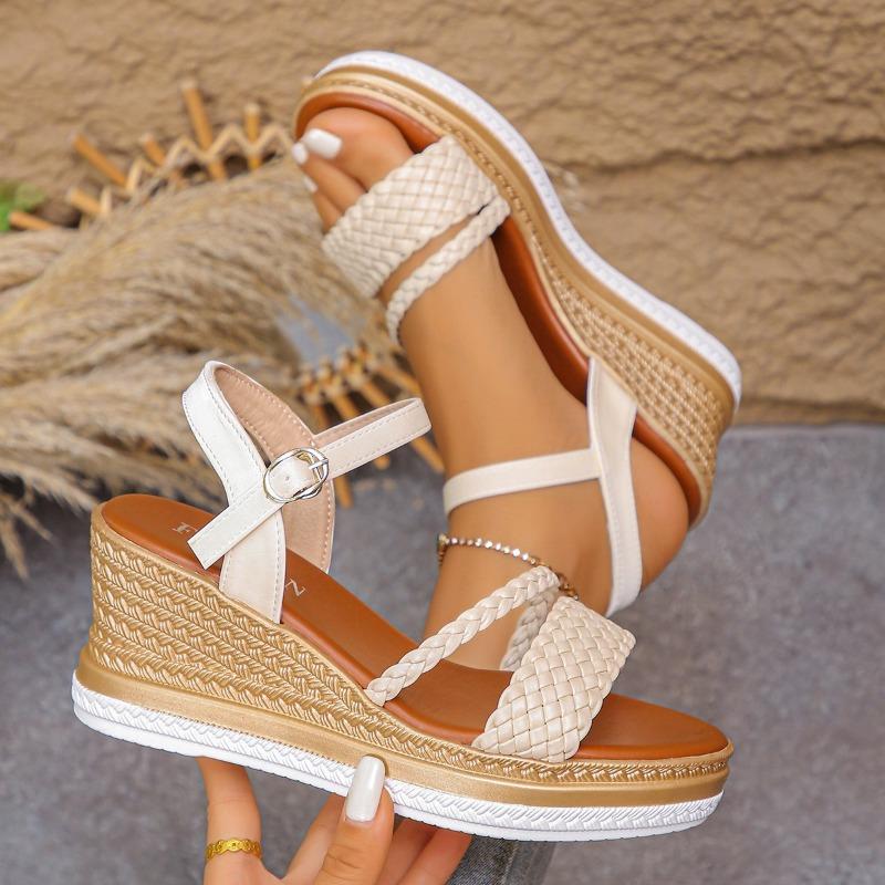Women's Wide Width Single Strap Sandals, Buckle Detail Wedge Heel Slides, Wholesale Summer Shoes in Stock