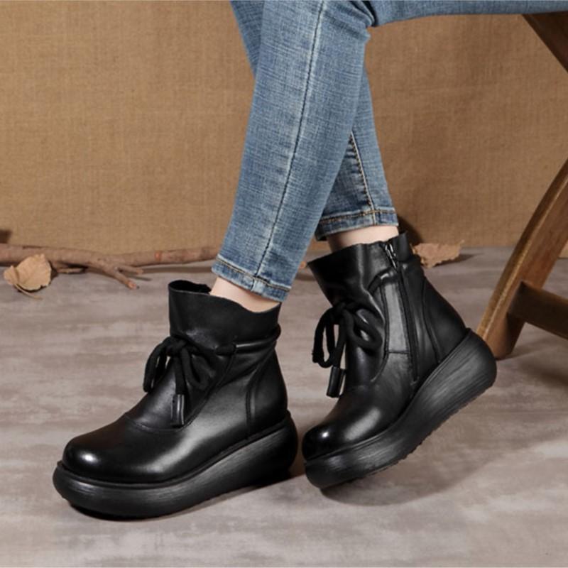 Johnature Genuine Leather Thick Soled Women's Wedges Short Boots Vintage Women's Platform Shoes