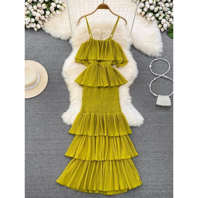 Summer Women's Fashion Suspender Dress Sweet Backless High Waist Irregular A-line Cake Dress Seaside Holiday Beach Dress