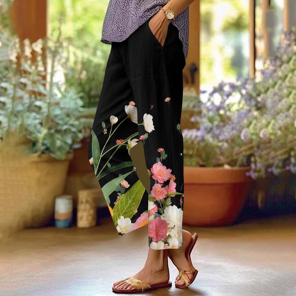 Damen Casual Mode Hosen mit Blumendruck Gerades Bein Hosen mit Taschen