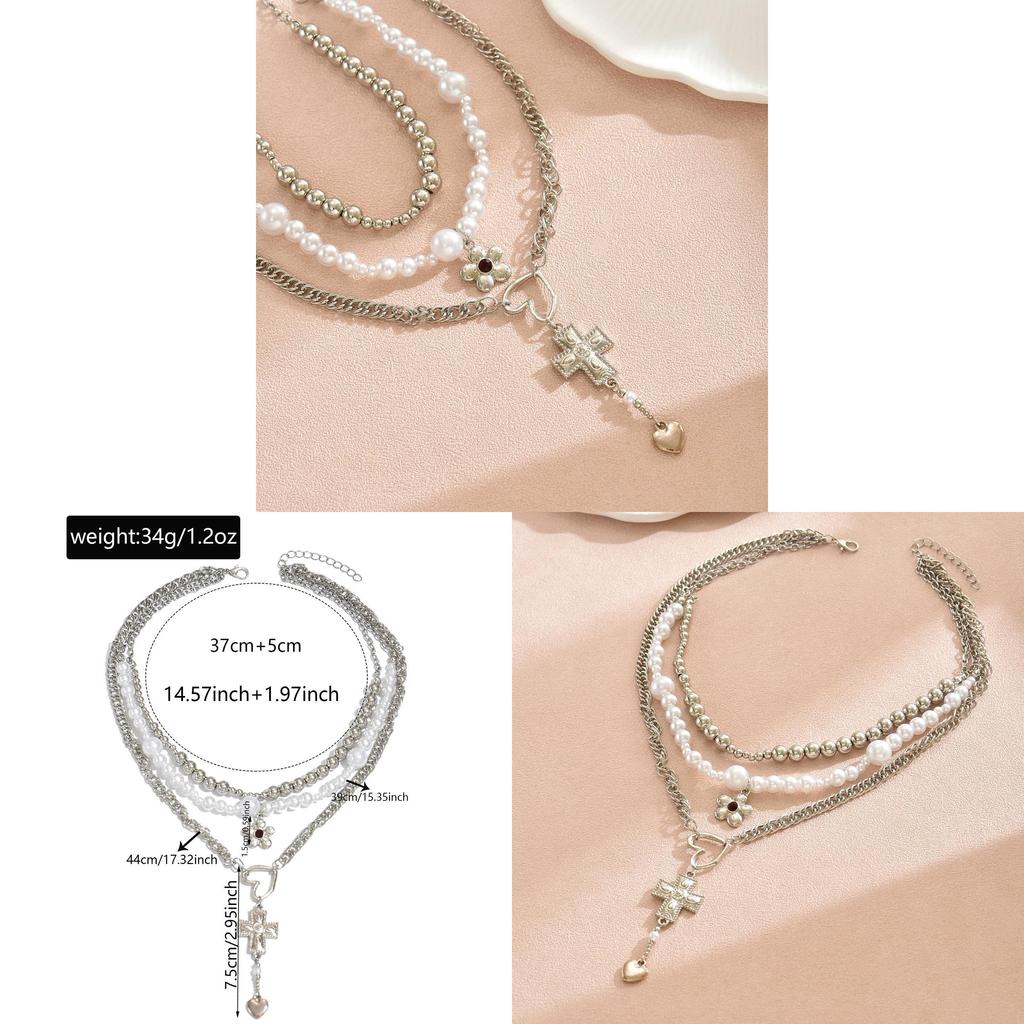 Gothic Cross Heart Pendant Necklace With Multilayer Pearl Design For Women And Men