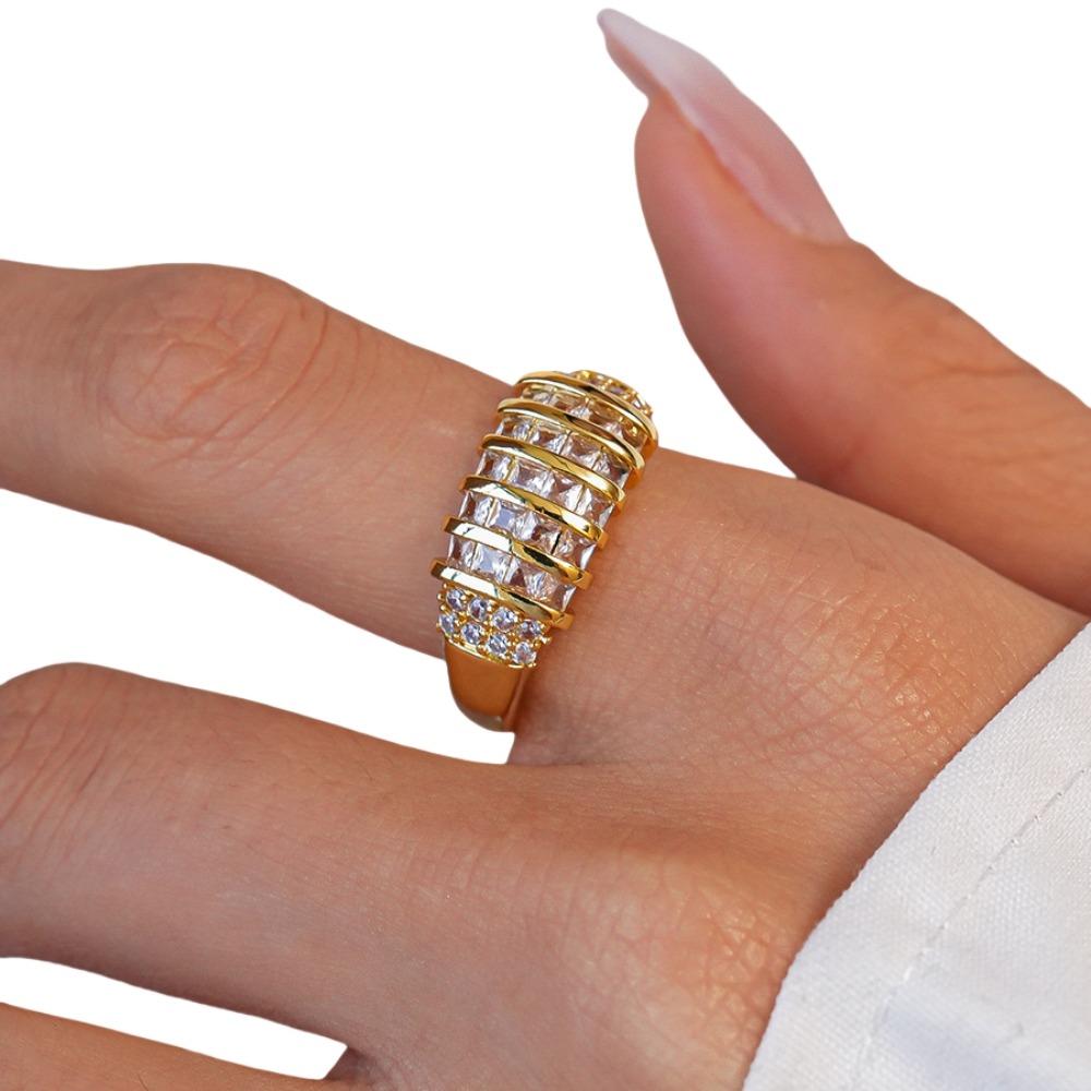 Korean Style Rhinestone Ring Geometric Chunky Enamel Ring Vintage Zircon Opening Ring Decoration