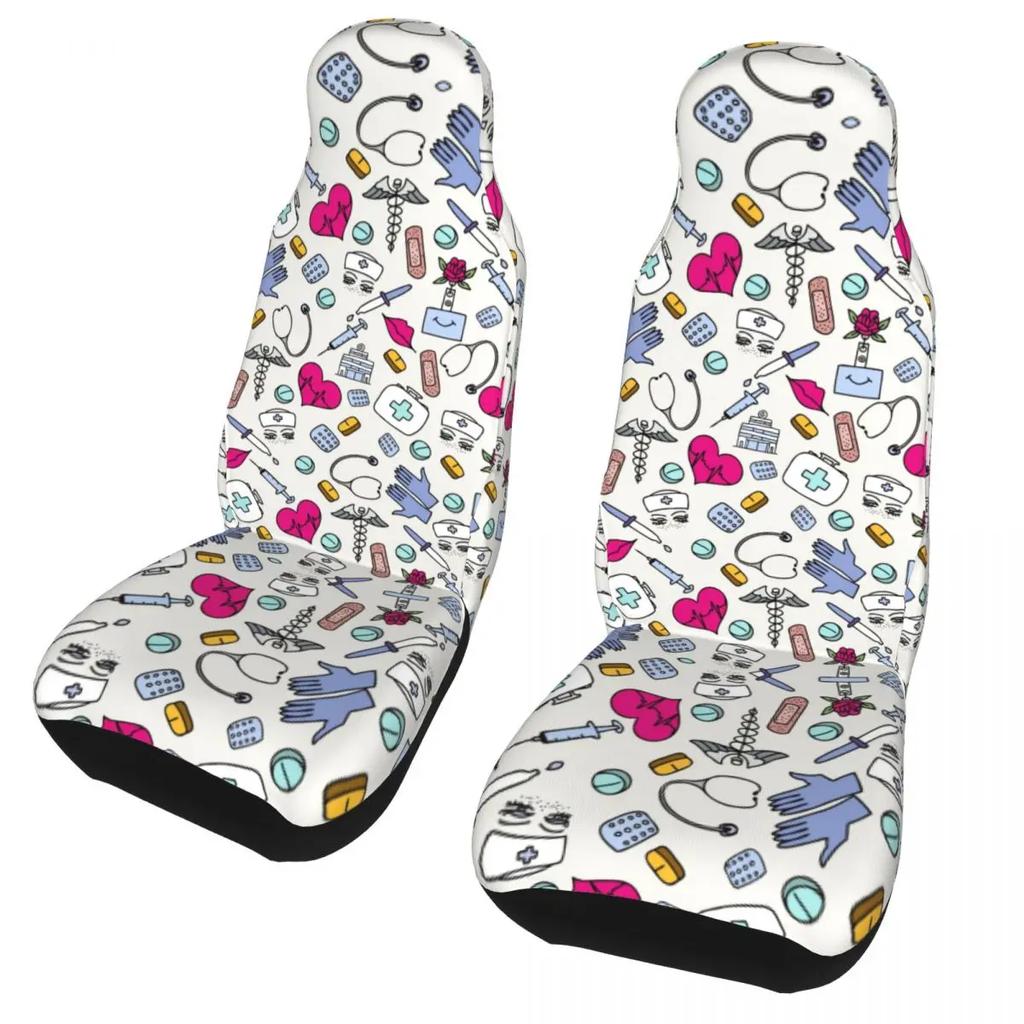 Nurse Hat Heart Pattern Front Auto Seat Cover For Women Print Nursing Car Seat Covers Fit Any Truck Van Rv Suv 2Pc