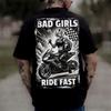Bad Girls Ride Fast Black Graphic T-Shirt Racing Tattoo Edgy Tee