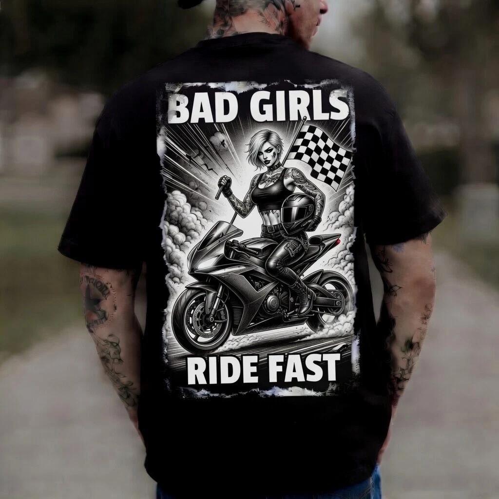 Bad Girls Ride Fast Black Graphic T-Shirt Racing Tattoo Edgy Tee S