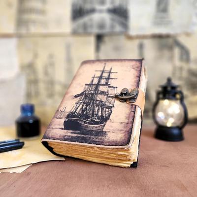 Quaderno in pelle con diario a forma di nave a vela, taccuino da disegno, 200 fogli di carta Deckle, chiusura a forma di C