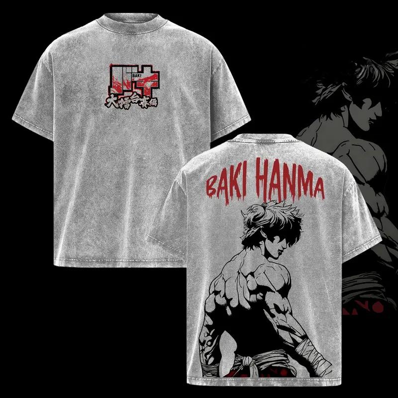 

BAKI Hanma Baki Anime Printed Tee Men Women Washed Cotton T-shirts Manga Vintage T Shirt Harajuku Male Loose Short Sleeve Tshirt XXL серый