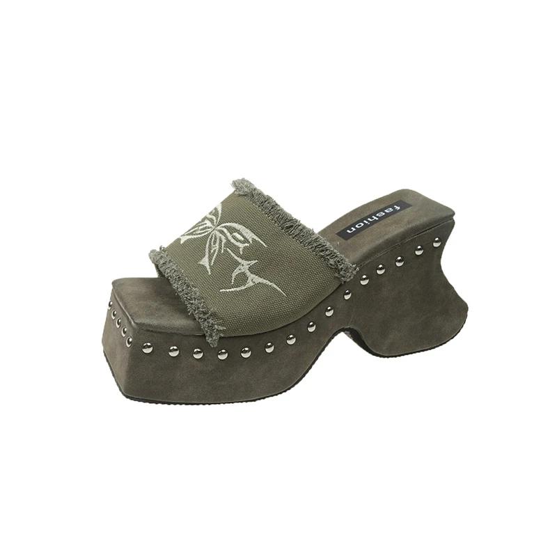 Women's Slippers Summer New Square Head Open Toe Thick Embroidered Waterproof Platform High-heeled Sandals