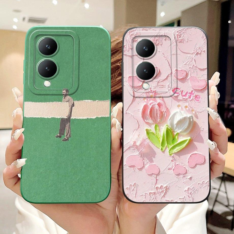 For Vivo Y28 5G Y29 5G V2420 Phone Case Vivo Y17s Y19s V2419 Back Cover Soft Liquid Silicone Pnada Rabbit Flower Cute Fundas