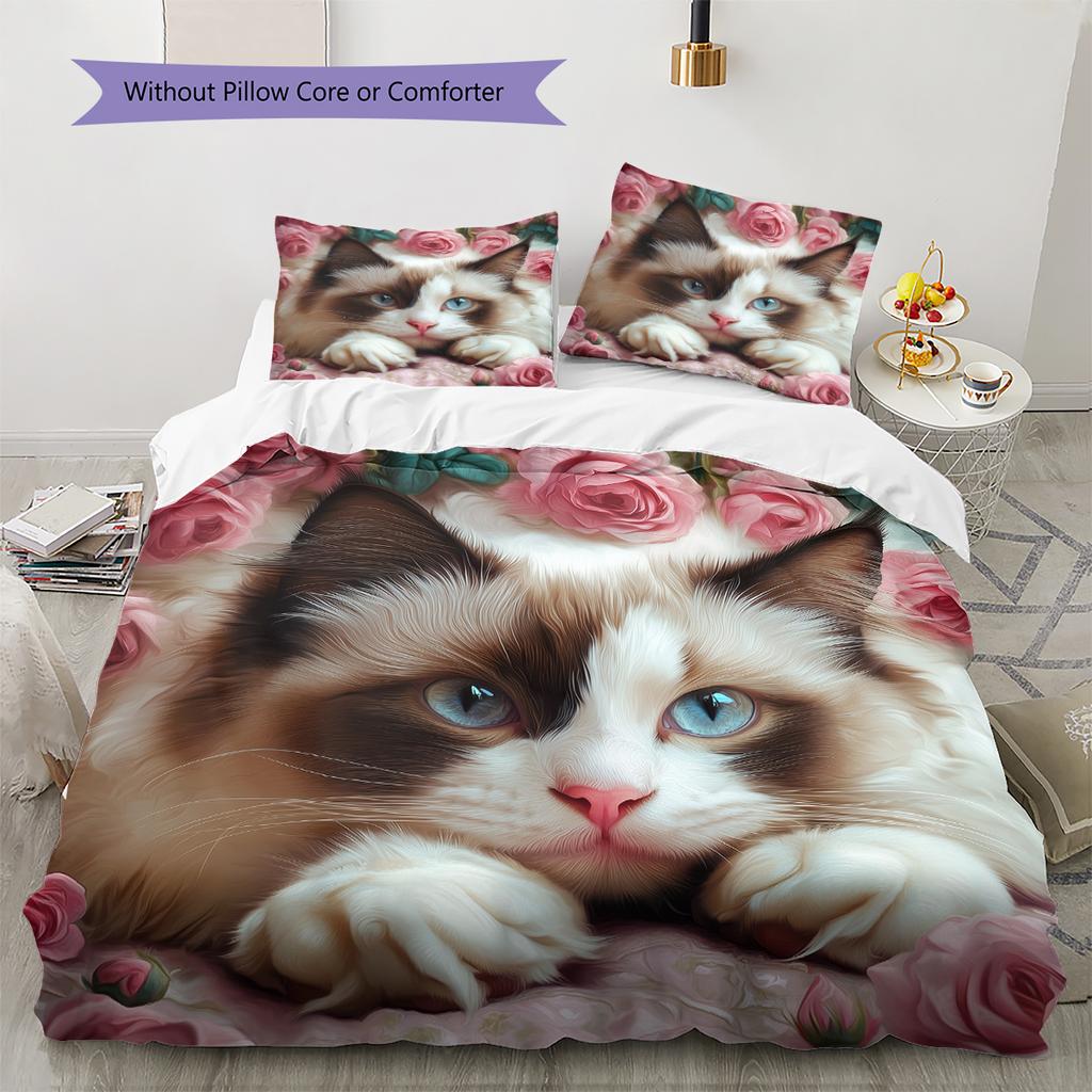 Ragdoll Cat and Rose Pattern Bedding Home Decoration Birthday Gift (1 * Duvet Cover + 2 * Pillowcase, Without Core)