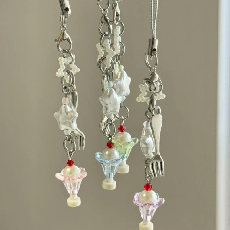 Sweet Dessert Theme Beaded Phone Strap Handmade Resin Charm for Women Girls Lovely Gift Keychain Bag Accessory