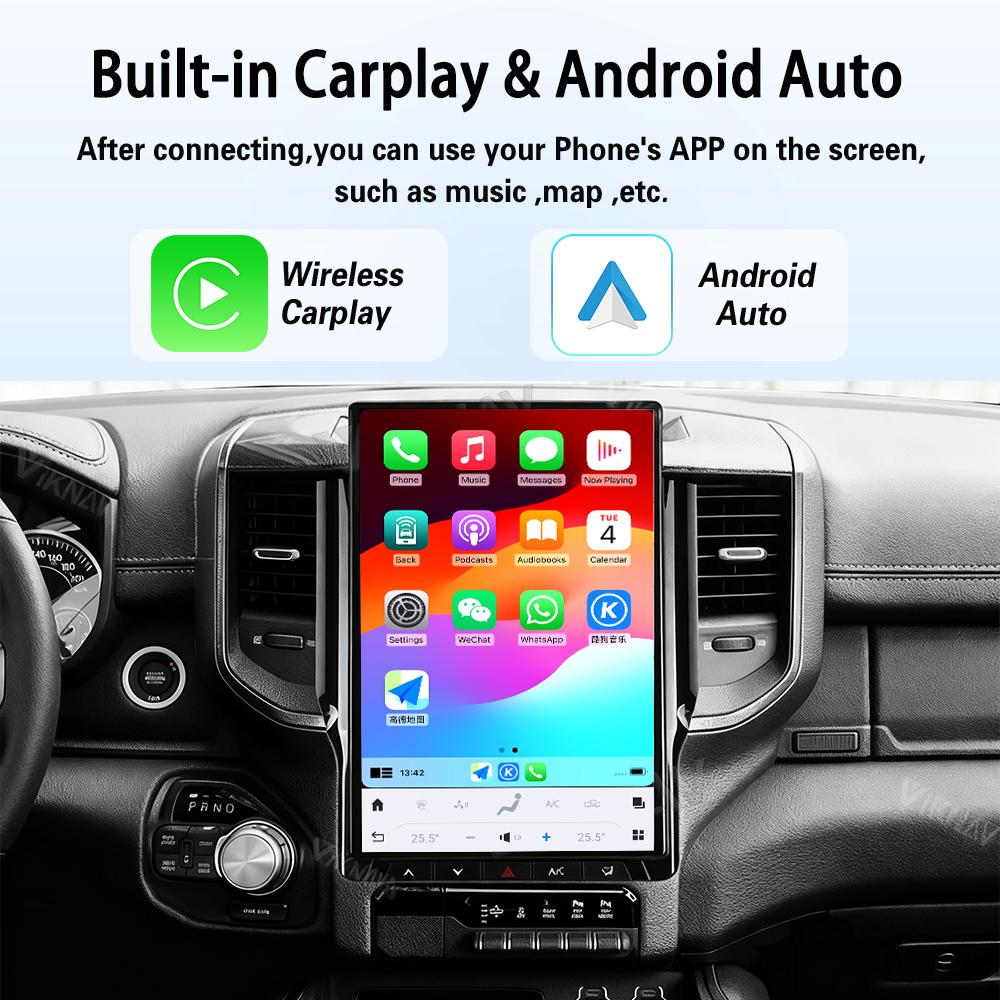 jcrwk9 Viknav Car Radio For Dodge Ram 1500 2019-2023 Tesla Touch Screen Upgrade Android Auto Stereo Wireless CarPlay GPS Navigation