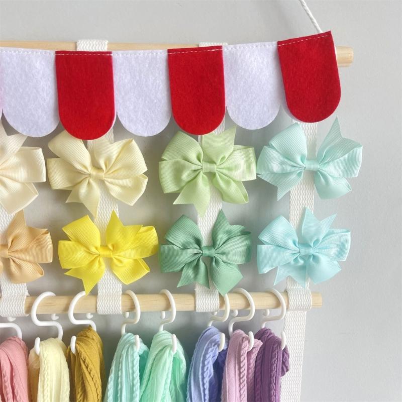 Durable Wooden Hair Bowknot Storage Rack Featuring Fabric Hook For Organizing Headbands Clips And Hair Accessories