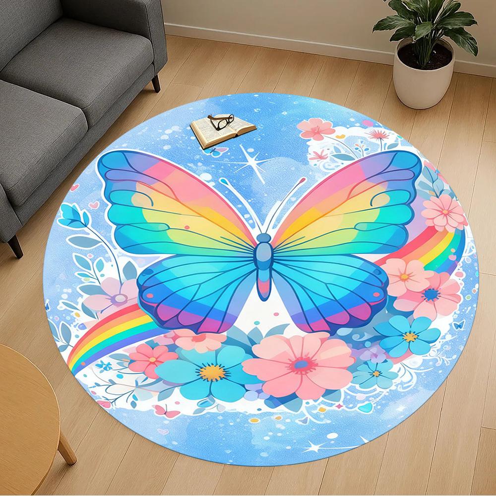 1PC Butterfly Rainbow Round Chair mat Area Rug - Non-Slip, Floor Mat for Office, Bedroom, and Indoor Decor -Gift D1127261