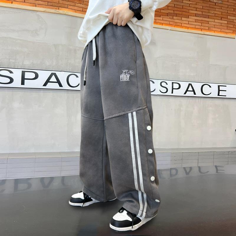 

Крутые брюки для школьников с боковой полосой, детская мода, коричневые, серые, спортивные треккинговые штаны, весна, осень, детские брюки для подростков 110