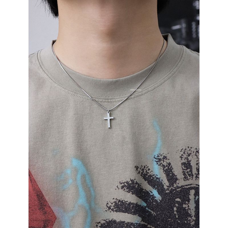 Retro Basic Style Cross Necklace Titanium Steel Men and Women Fashion Street Ins Cold Wind Niche Personality Colorfast Steel-Colored Small Cross Pendant