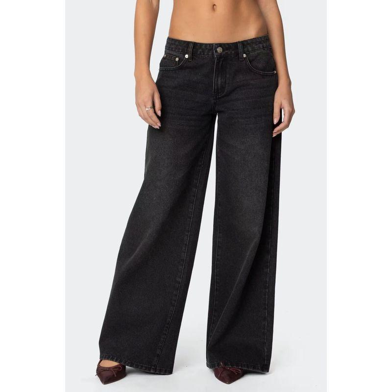 

Edikted Retro Washed Bow Print Jeans Women Loose Slimming Straight Mop Pants All-Matching Black wash L