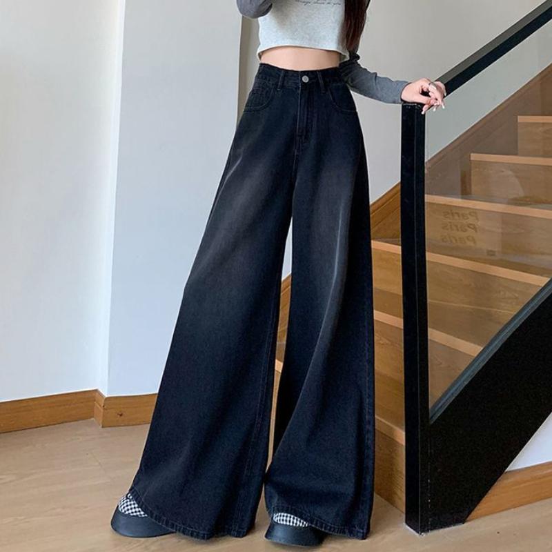 Damen Herbst Schwarz Grau Weitbeinjeans High Waist Locker Lässig Vielseitig Gewaschen Gerades Bein Bodenlang Trendige Hose
