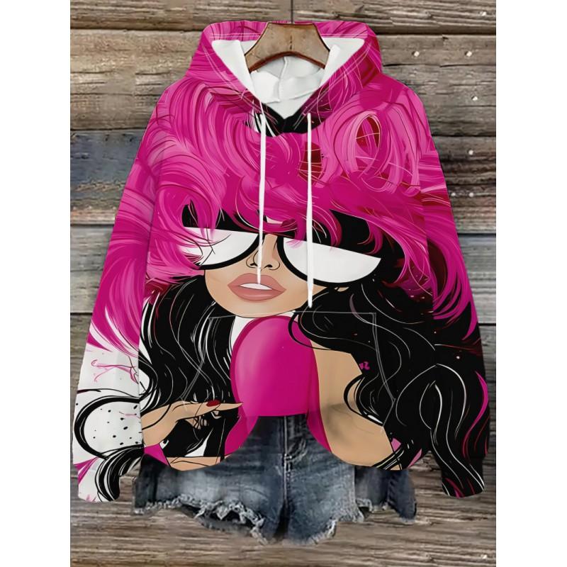 Womens Oversized Hooded Sweatshirt With Cartoon Animal Print Casual Streetwear Top Fall 2025