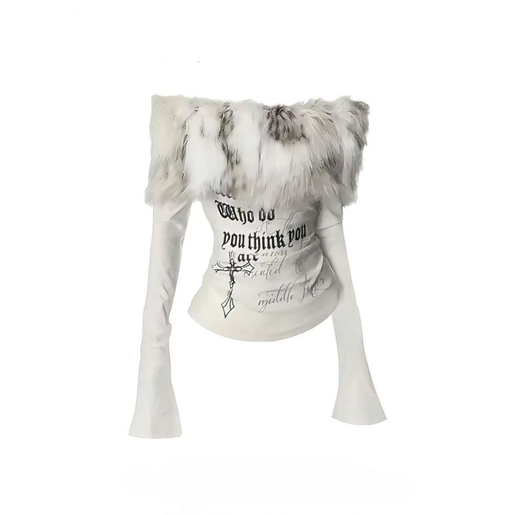 VAYLA T-shirt à manches longues graphique en fourrure de luxe Y2k Femme Automne Hiver Tops épaules dénudées Années 2000 Vintage Blouse basique T-shirts Chemise blanche