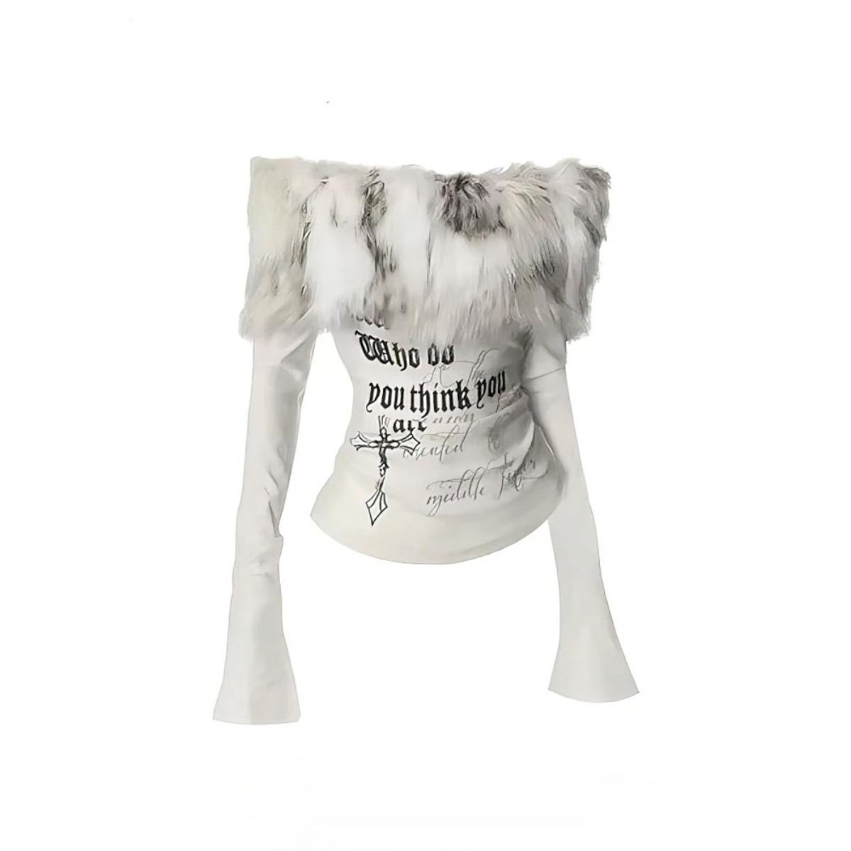 

VAYLA Роскошная футболка с графикой из меха с длинным рукавом Y2k Женская Осень Зима Топы с открытыми плечами 2000-е Винтажная Базовая Блузка Футболки Белая Рубашка S белый