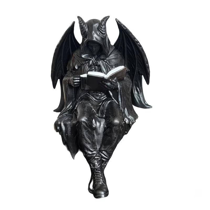 Grim Reaper Reading Statue Resin Black Hooded Skull Miniature Halloween Desktop Gothic Decor