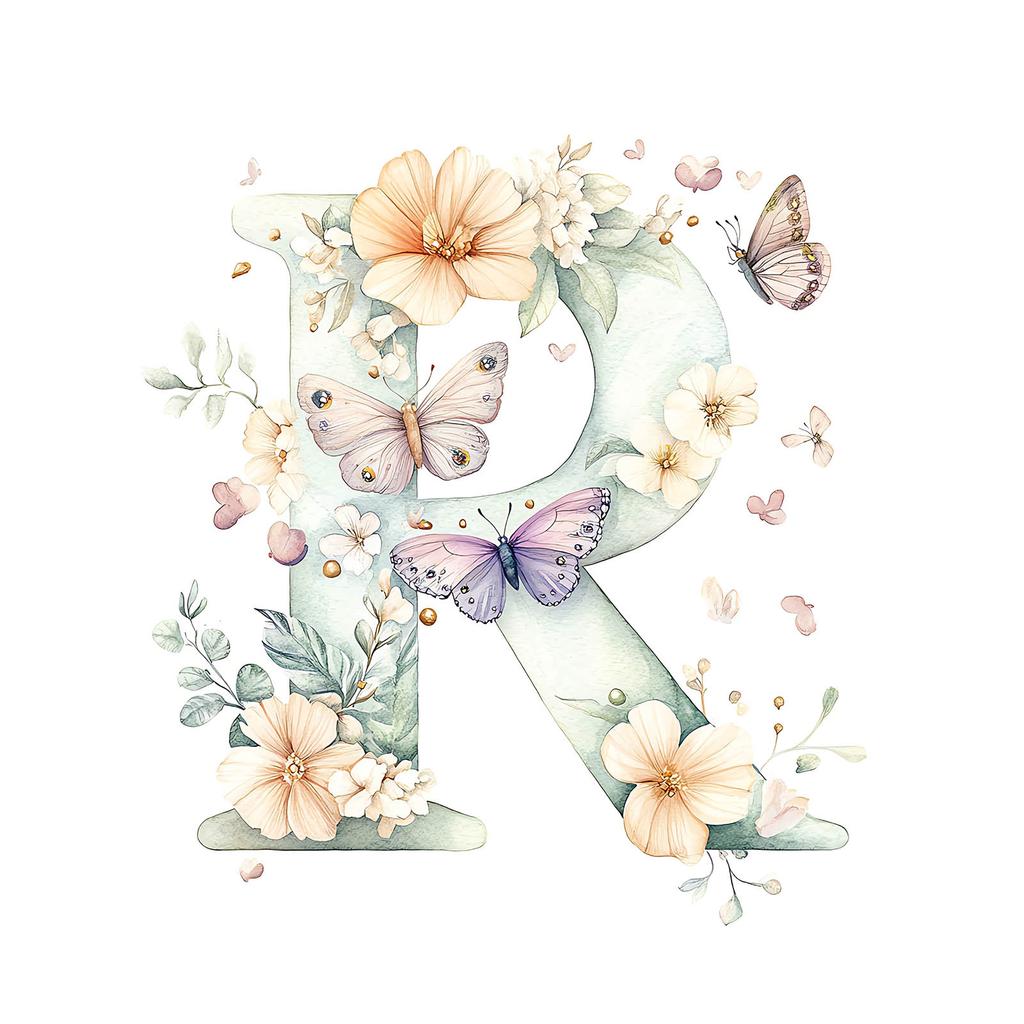 Plakat Literka "R" W Kwiatach I Motylach Plakat Literka "R" W Kwiatach I Motylach, 30X40 Cm, Bez Ramy, Płótno Premium Na Blejtramie