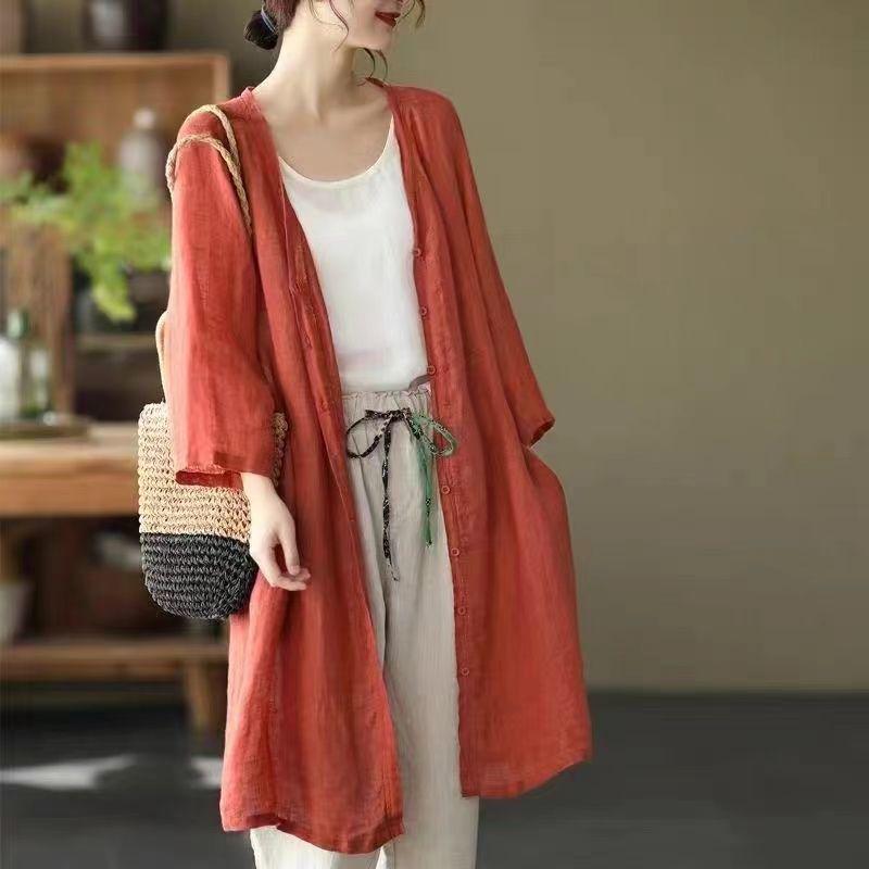 2026 Summer-Autumn Retro Cotton Linen Mid-Length Cardigan: Loose Fit, Artistic Plus Size, Casual Air Conditioning Shirt for Women.