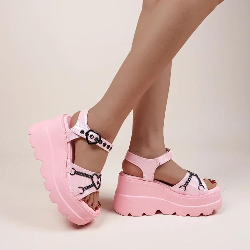 Fashion 35-43 Plus Size Fashion Slope Heel Women Sandals Metal Chain Decoration Female Buckle Platform Shoes Women's Sandals Tide Shoes