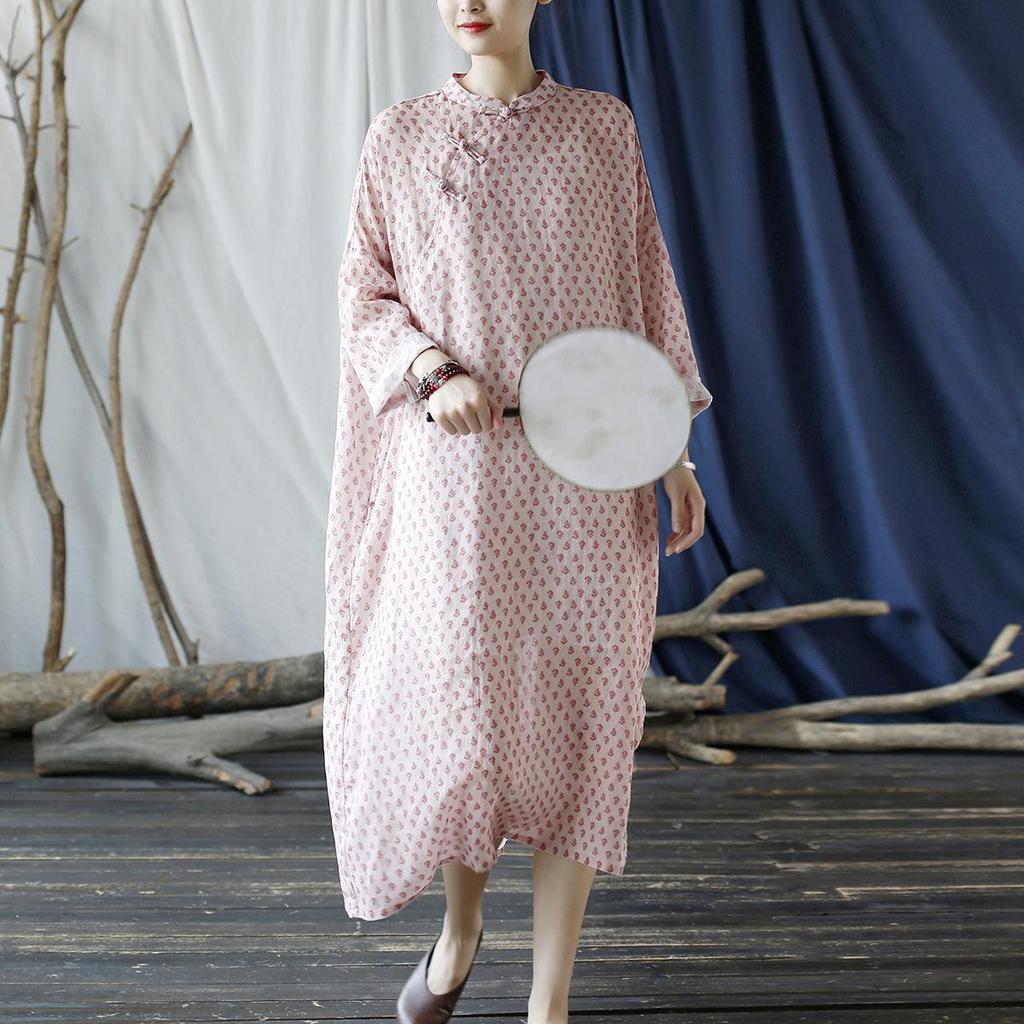 Johnature נשים בסגנון סיני ורוד הדפס פרחוני שמלה סטנד גלימות כפתור שרוול ארוך סתיו ראמי שמלה רופפת