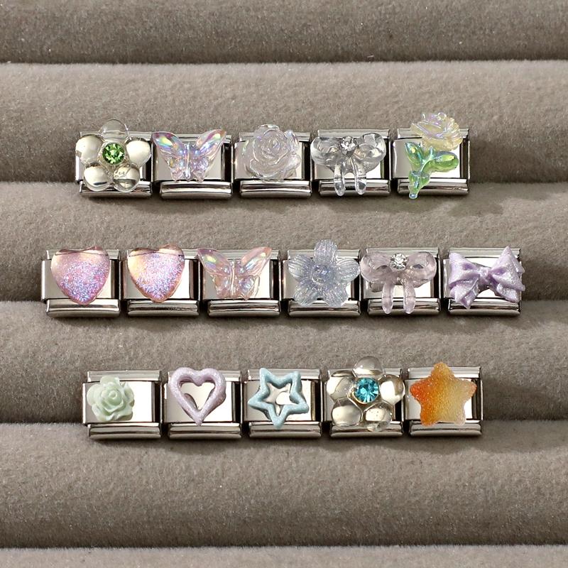 Fashion Heart Bow Knot Butterfly Star Rose Flowers Italian Charm Links Fit 9mm Stainless Steel Bracelet Women DIY Making Gift