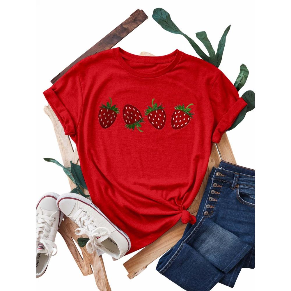 

Women s Casual Short Sleeve with Red Strawberry Print Round Neck Breathable Cute T Shirts Harajuku Short Sleeve Casual M