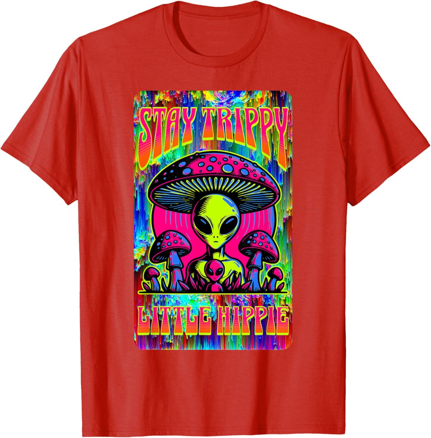 Psychedelic Alien Mushroom Stay Trippy Little Hippie Graphic Tee Men Casual Cotton T-Shirt S