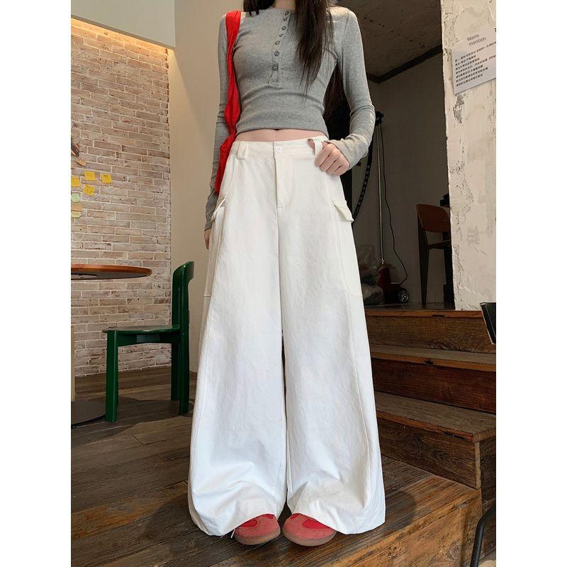 

Американские ретро хаки брюки карго драпированные повседневные брюки женские осенние с высокой талией свободные широкие брюки прямые брюки-швабры White M