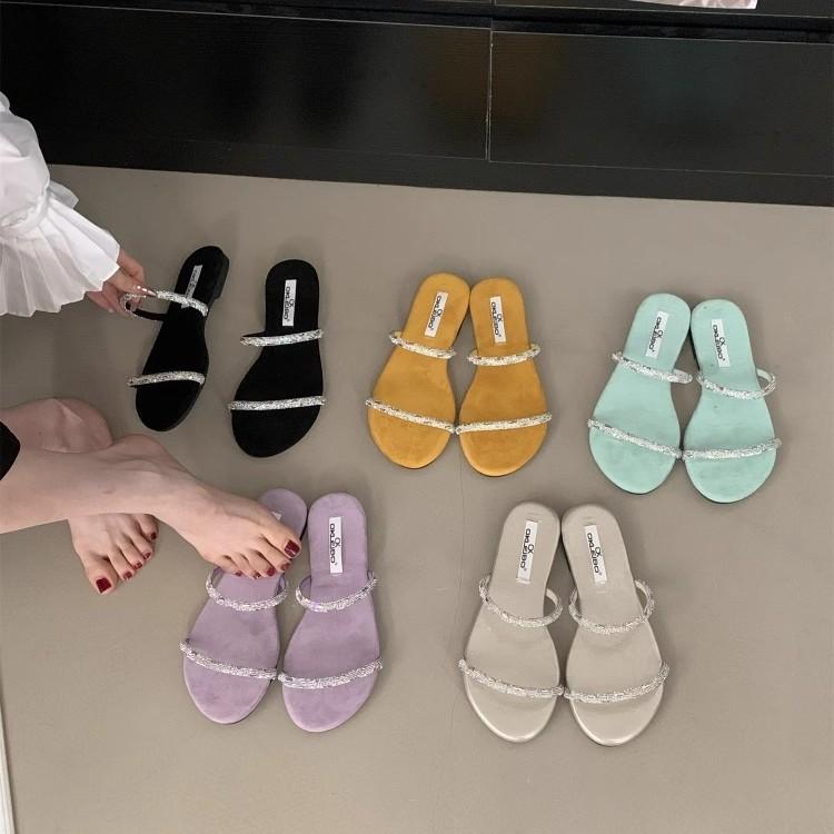 Flat-bottomed Rhinestone Fashion Sandals 2025 Summer French Sweet Yellow Open-toed Vacation Beach Cool Slippers Women's Shoes