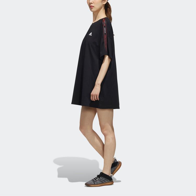 Adidas Casual Sport Short Sleeve Dress With Stripe Tape Decoration Women Dress Black FJ6884