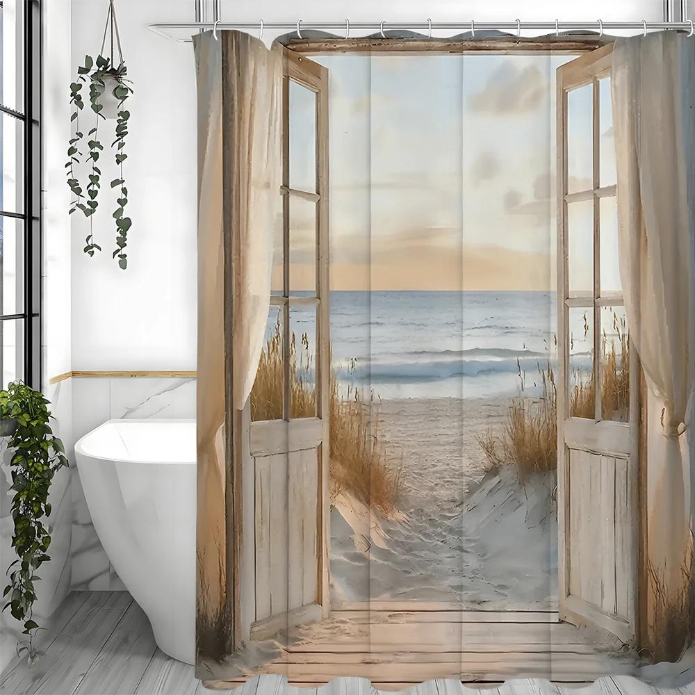 Ocean Beach Drewniane Drzwi Botaniczna Zasłona Prysznicowa, Dekoracyjna Zasłona Prysznicowa do Łazienki, Wodoodporna Zasłona Prysznicowa z Haczykami