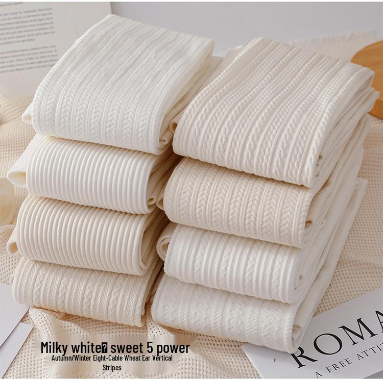 Women's High-Waist Cotton Leggings - Thick, Velvet-Lined, Stirrup Tights In Milk White & Beige for Autumn/Winter