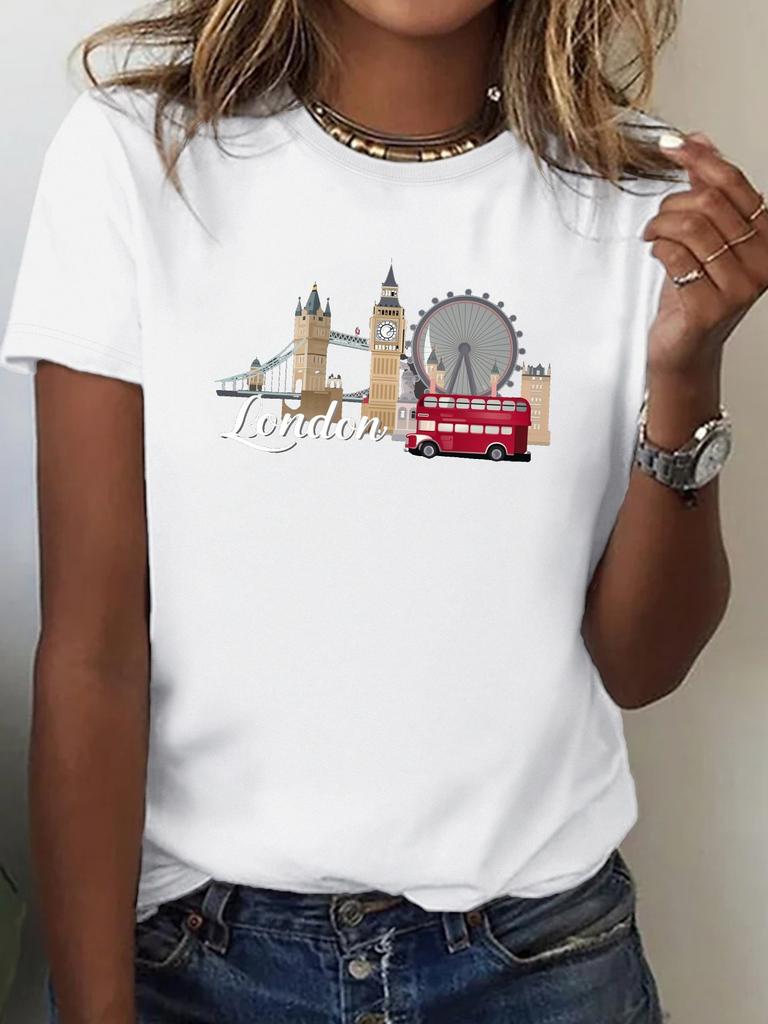 London Landmarks Illustration Print Tshirt Womens Harajuku Short Sleeve Casual Womens Tshirt Clothing Street Tops Tees