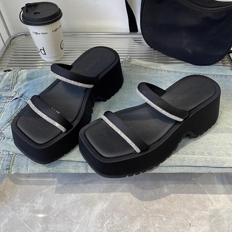 

European big-name thick-soled cool slippers women s fashion outer wear summer small muffin one-word sandals women 35 чёрный