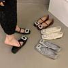 Flat-bottomed French Silver Mary Jane Single Shoes Women's Shoes 2025 New Spring and Autumn Square Head Rhinestone Red Evening Shoes
