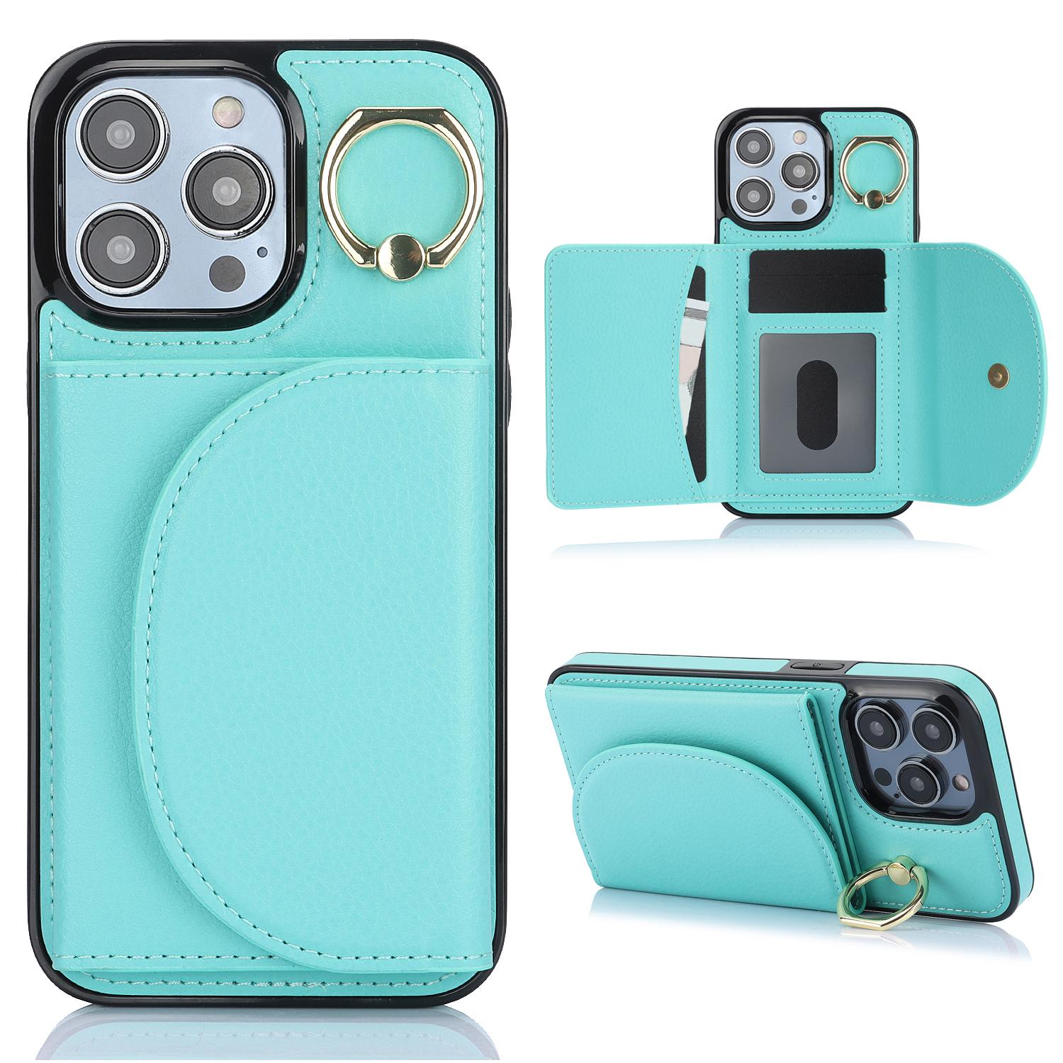 

For iPhone 12/12 Pro Cell Phone Case Ring Kickstand Card Bag PU+TPU Cover A