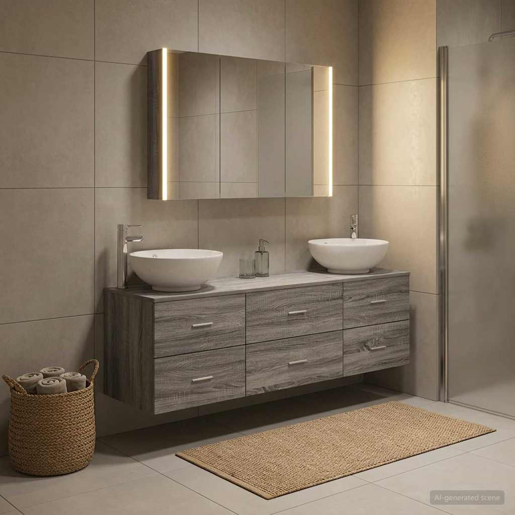 Bathroom Furniture Set 4 Pcs Grey Sonoma Engineered Wood and Glass