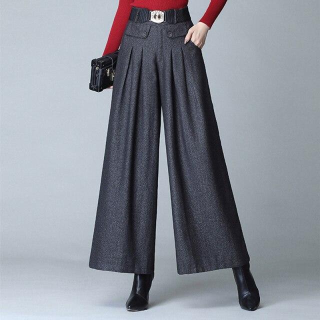 Herbst Winter Neue 2023 Einfarbig Gürtel Woolen Hosen Frauen Plissiert Casual Hosen Rock Hosen Hohe Taille Lose Wolle Breite bein Hosen 