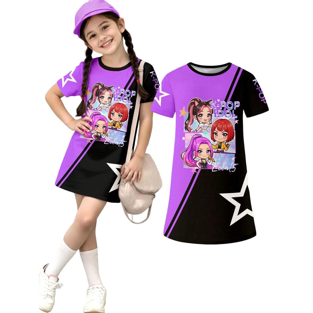 Girls Print Casual Dress Kids Loose Round Neck Short Sleeve Thin Sundress