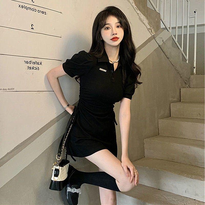 

Polo Retro College Style Contrast Color Tight Waist Summer Skirt Black XL (55.00 kg-60.00 kg