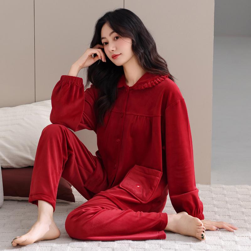 Island Fleece Pajamas Women'S Autumn And Winter Coral Fleece Red Natal Year Middle-Aged Mother Large Size Warm Thin Fleece Loungewear
