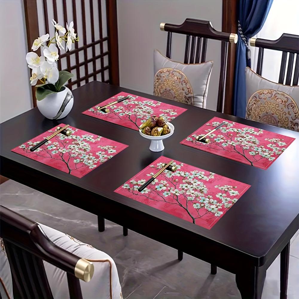 4pcs Dogwood Blossom Placemats Spring Floral Print Pink Background Washable Polyester Table Mats for Dining Kitchen Home Decor