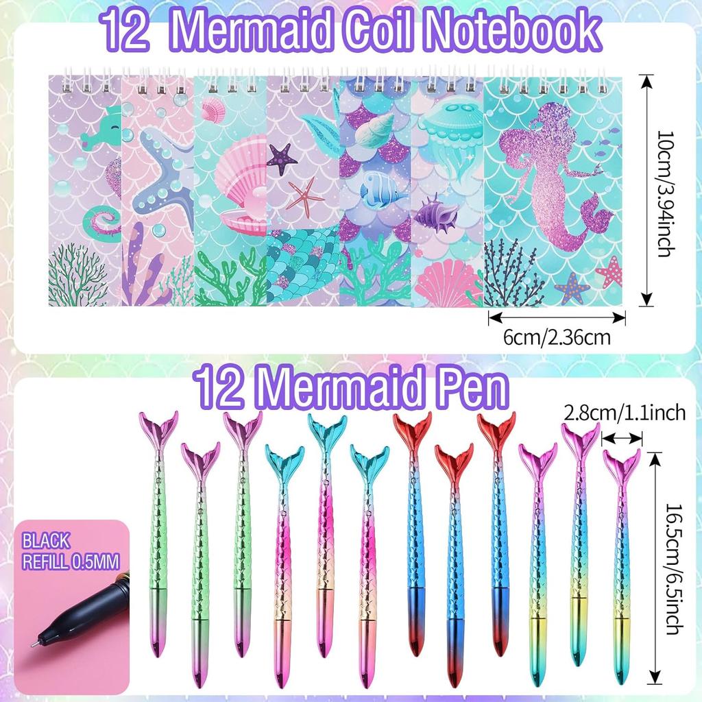 LiYiQ 110 PCS Mermaid Birthday Party Gifts Include 12 Pen 12 Notepad 12 Shiny Metallic Scrunchies 12 Gift Bag 50 Sticker Classroom Reward Gift Prizes