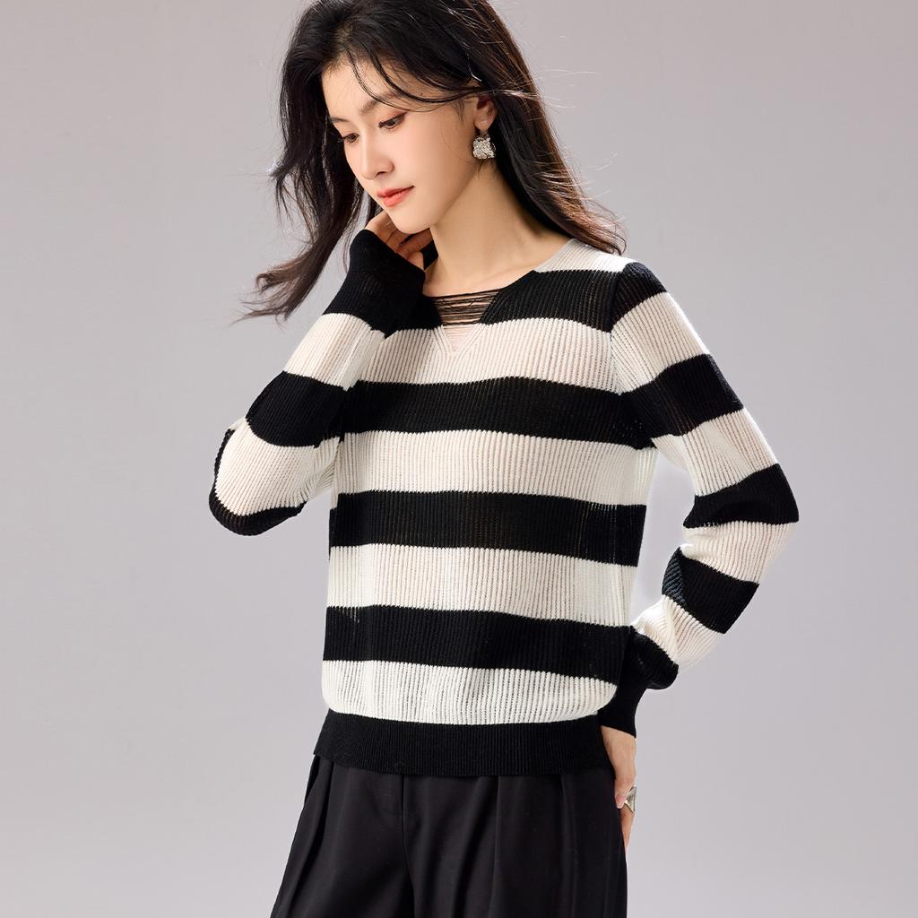 Sheep wool pullover sweater: autumn and winter new striped design for women's wool sweater, fashionable, loose and high-end